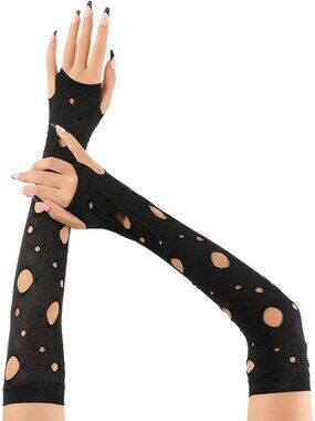 Women's Black Long Hole Cutout Arm Warmers Fingerless Distressed Gothic Gloves
